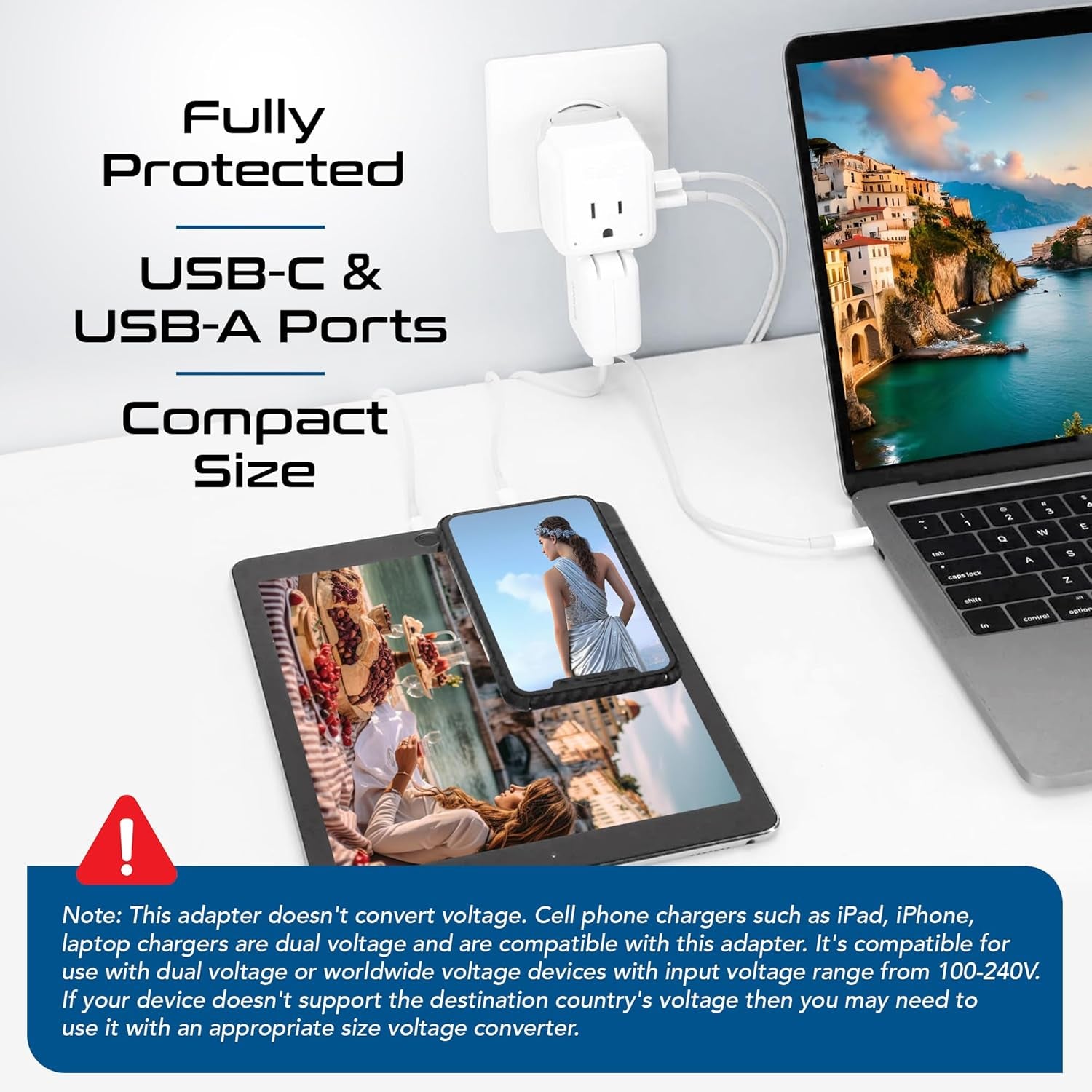 Europe Plug Adapter,  Safe Dual USB & USB-C 3.1A - 2 USA Outlet - Compact & Powerful - Use Euro, Greece, Italy, Switzerland, Turkey, Portugal - Includes Type C Swadapt Attachment