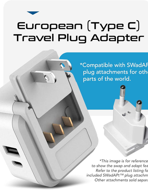 Load image into Gallery viewer, Europe Plug Adapter,  Safe Dual USB &amp; USB-C 3.1A - 2 USA Outlet - Compact &amp; Powerful - Use Euro, Greece, Italy, Switzerland, Turkey, Portugal - Includes Type C Swadapt Attachment
