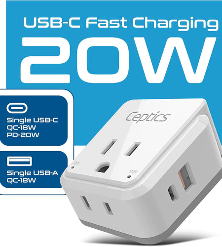 Europe Plug Adapter,  Safe Dual USB & USB-C 3.1A - 2 USA Outlet - Compact & Powerful - Use Euro, Greece, Italy, Switzerland, Turkey, Portugal - Includes Type C Swadapt Attachment