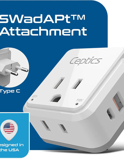 Load image into Gallery viewer, Europe Plug Adapter,  Safe Dual USB &amp; USB-C 3.1A - 2 USA Outlet - Compact &amp; Powerful - Use Euro, Greece, Italy, Switzerland, Turkey, Portugal - Includes Type C Swadapt Attachment
